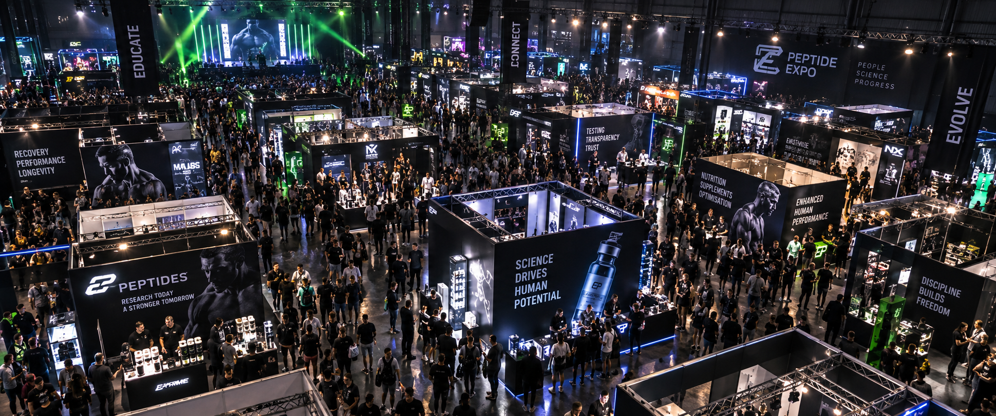 Aerial view of the Peptides Expo hall with vendor stands and visitors
