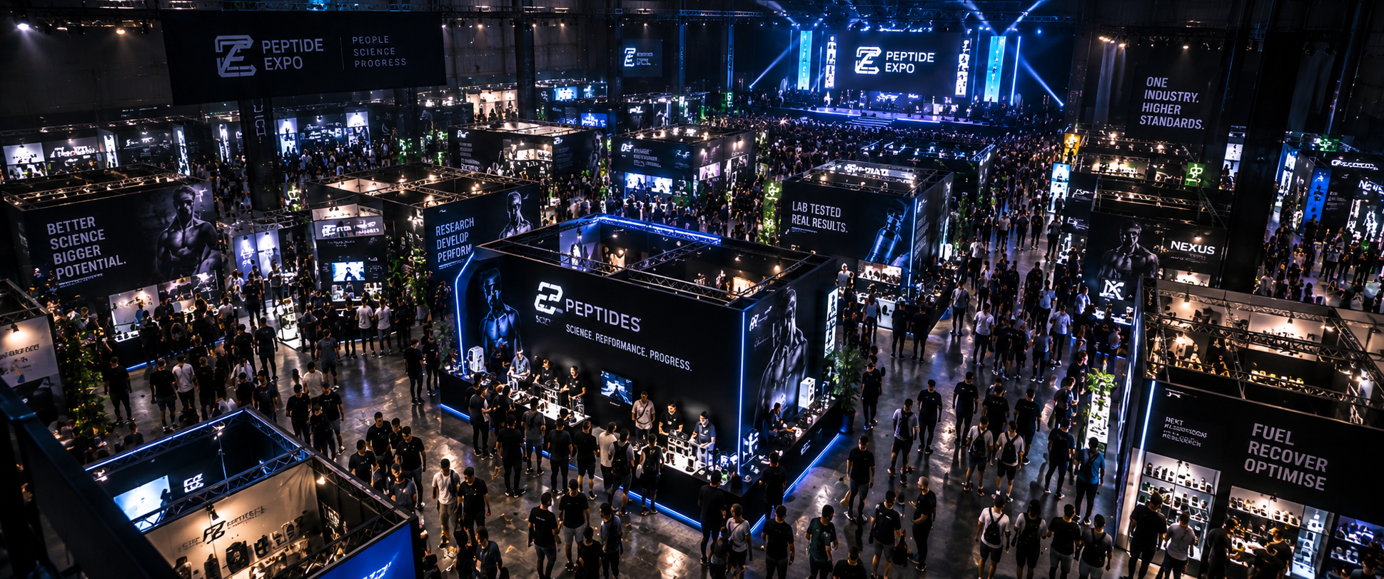 Aerial view of the Peptides Expo floor with exhibitor stands and crowds